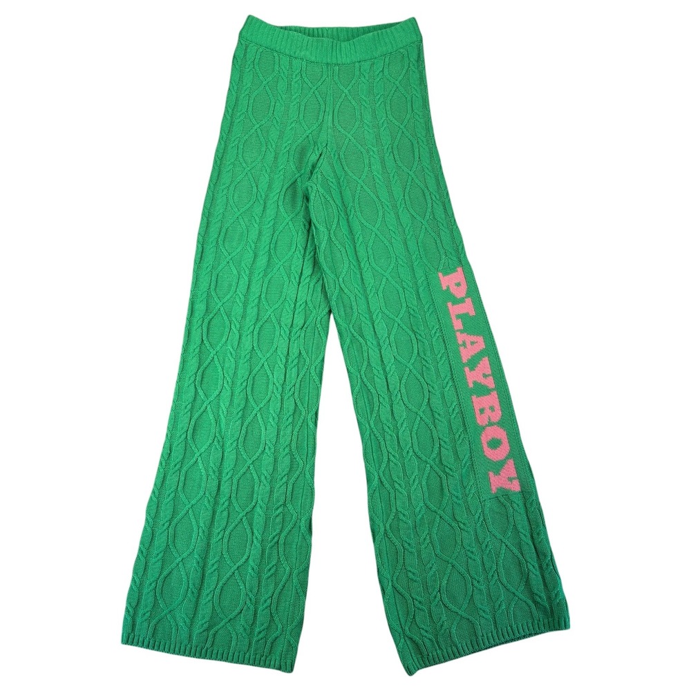 Playboy x Missguided Cable Knit Pants Womens 4 Green Pink Wide Leg Y2K Cozy Logo
